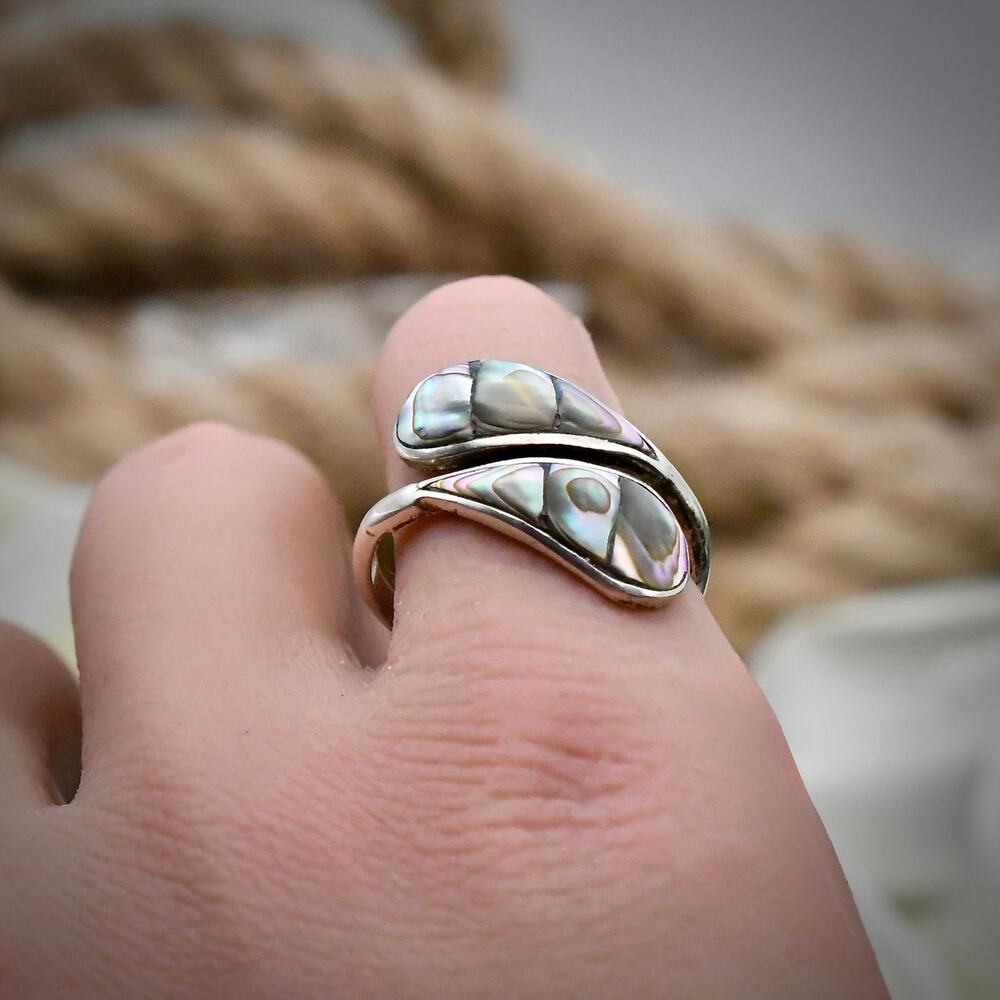 Vintage Taxco MLV Sterling Silver Abalone Inlay Bypass Ring Mexico 925 Size 6